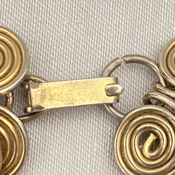 Brutalist Bracelet Bronze Geometric Entwined Wire Circles Fold Over Clasp - Picture 7 of 11